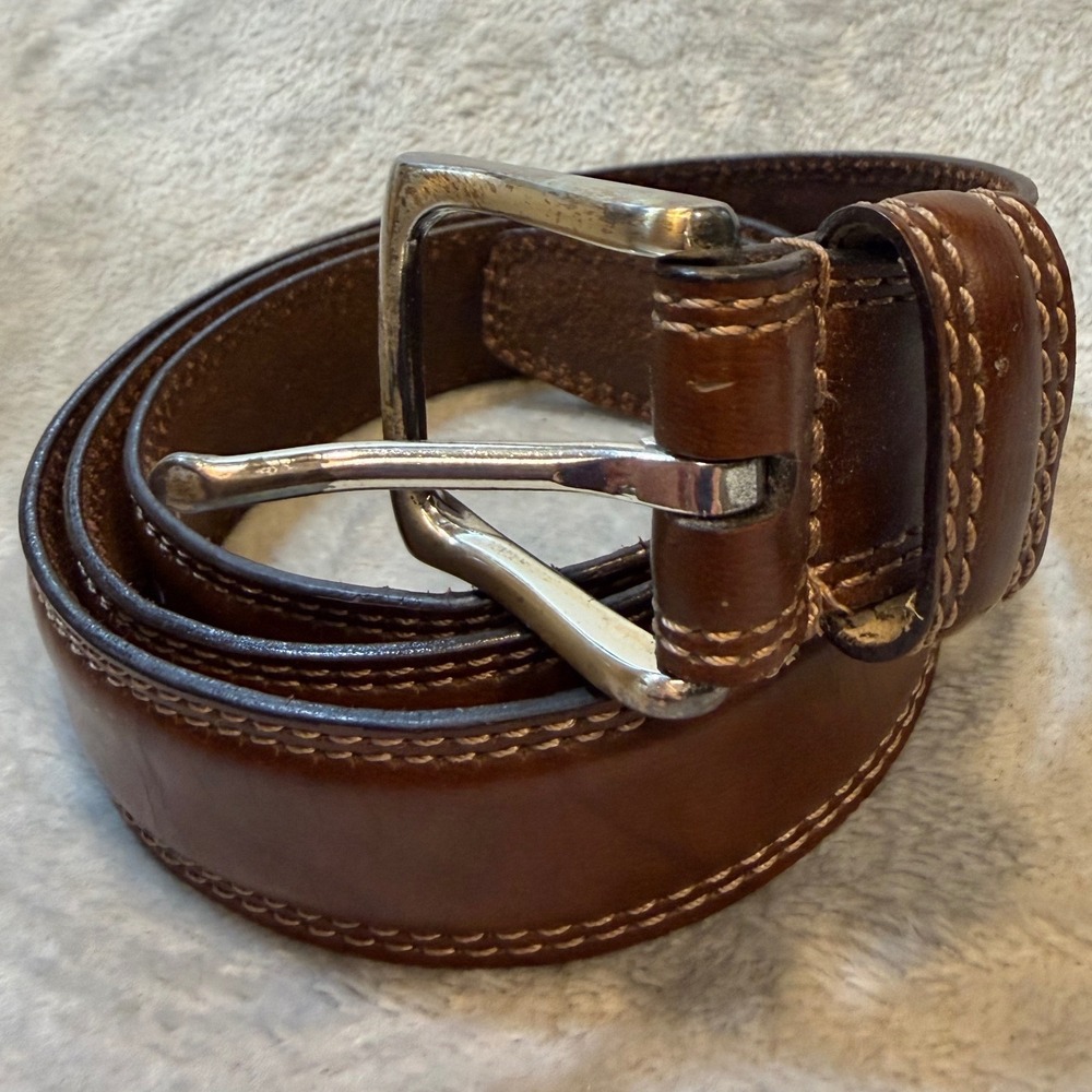 Brown Leather Contrast Stitch Belt Silver Buckle Workwear Casual 40/100 0175